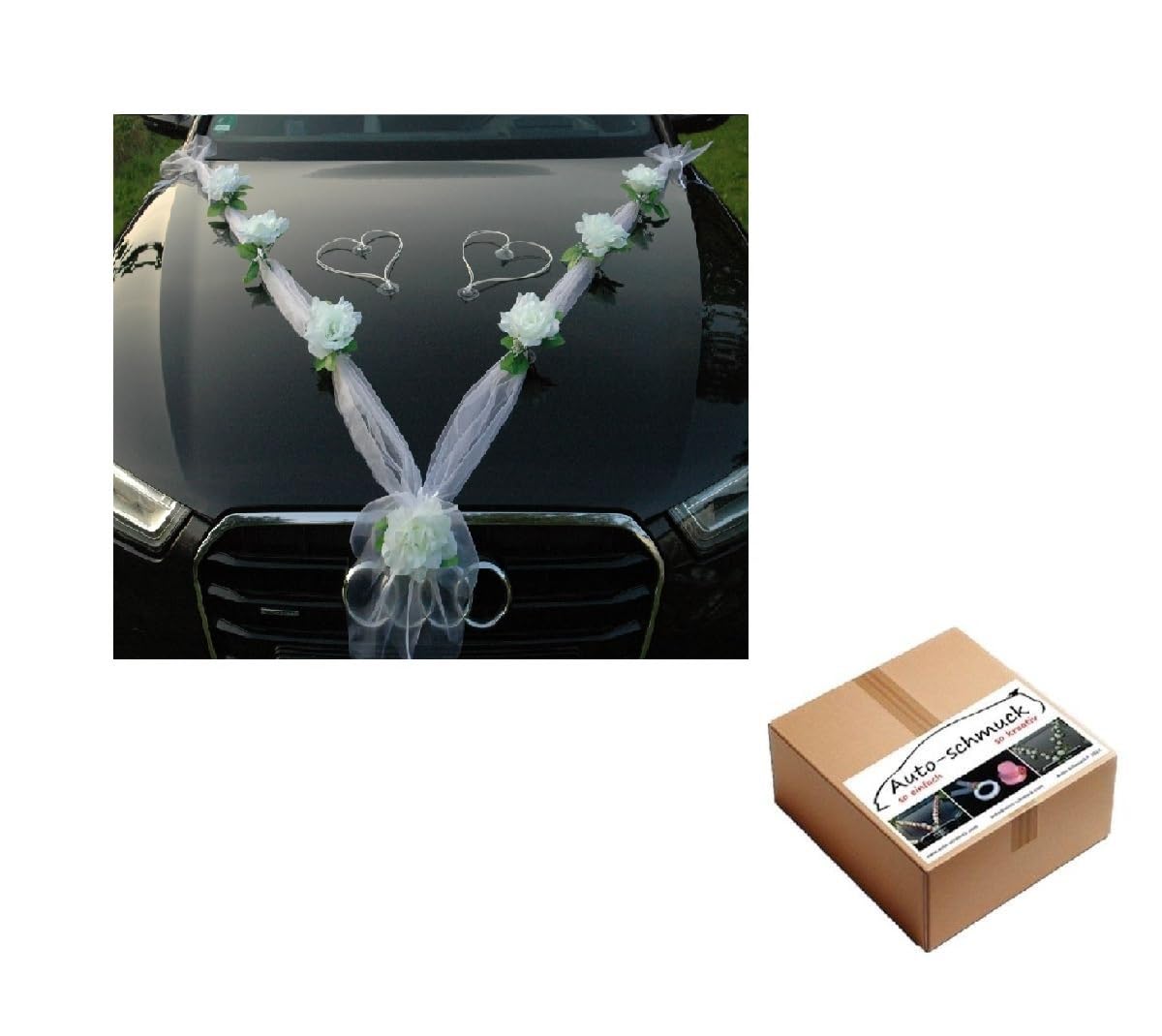 Autoschmuck Organza M + Hearts Wedding Car Decoration, Rose Decoration, Bride and Groom, Decorative Rattan Garland Weiß / Weiß / Weiß