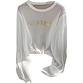SweatyRocks Women's Letter Print Sheer Long Sleeve T Shirts Casual Crew Neck Going Out Tops