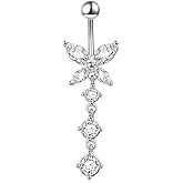 Sterling Silver Dangle Belly Button Rings Stud Belly Rings Butterfly/Heart/Flower/Round Belly Rings for Women Navel Rings CZ Body Piercing