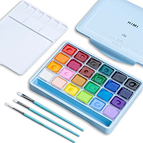 HIMI Gouache Paints set with 3 Paint Brushes, 24 Colors, 30g, Jelly Cup Design, Non Toxic Paint for Canvas and Paper, Art Supplies for Professionals (Ice Blue Case)