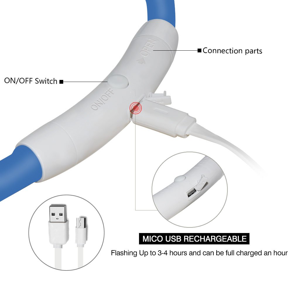 Fashion&cool Led Dog Collar,Magnetic Connector,USB Rechargeable Glowing Pet Dog Collars for Night Safety,Water Resistant Light up Collar for Small,Medium,Large Dogs(Blue)