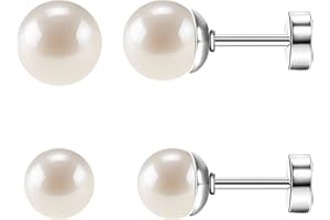 SmileBelle 2 Pairs Pearl Stud Earrings, Titanium Flat Back Earrings Stocking Stuffers for Women Screw Back Studs Hypoallergenic Cartilag Sleep Earrings Helix Piercing Pearl Jewelry Gift (4mm+6mm)