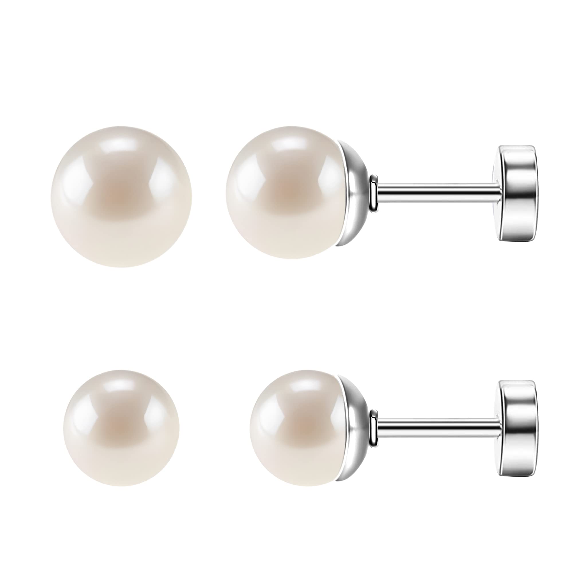 Photo 1 of SmileBelle 2pairs Titanium Flat Back Earrings, Silver Pearl Stud Earrings for Women Screw Back Studs for Girls Cartilage Silver Nap Sleep Earrings Helix Jewelry?4+6mm)