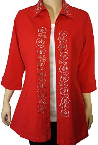 Red Denim Bling Duster Rhinestone Embellished (L, True Red)