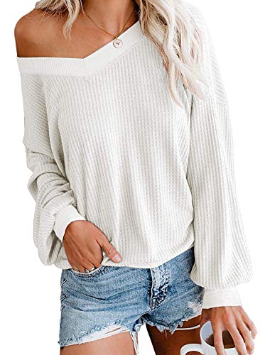 Shoulder Tops V Neck Waffle Knit Shirts 
