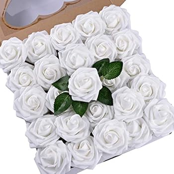 Umiss Wedding Bouquet 50pcs Artificial Flowers White Real Touch Artificial Roses for Bouquets Centerpieces Wedding Party Baby Shower DIY Decorations (White)