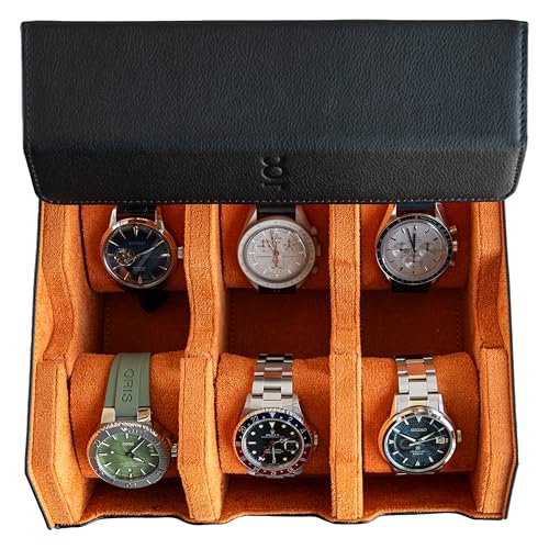 DailyWatch | Watch Box For 6 Watches | Genuine Black Leather Watch Roll Case With Soft Velvet Interior | Travel Watch Case - Protect & Display Your Watches | Watch Storage Travel Case in Black Orange