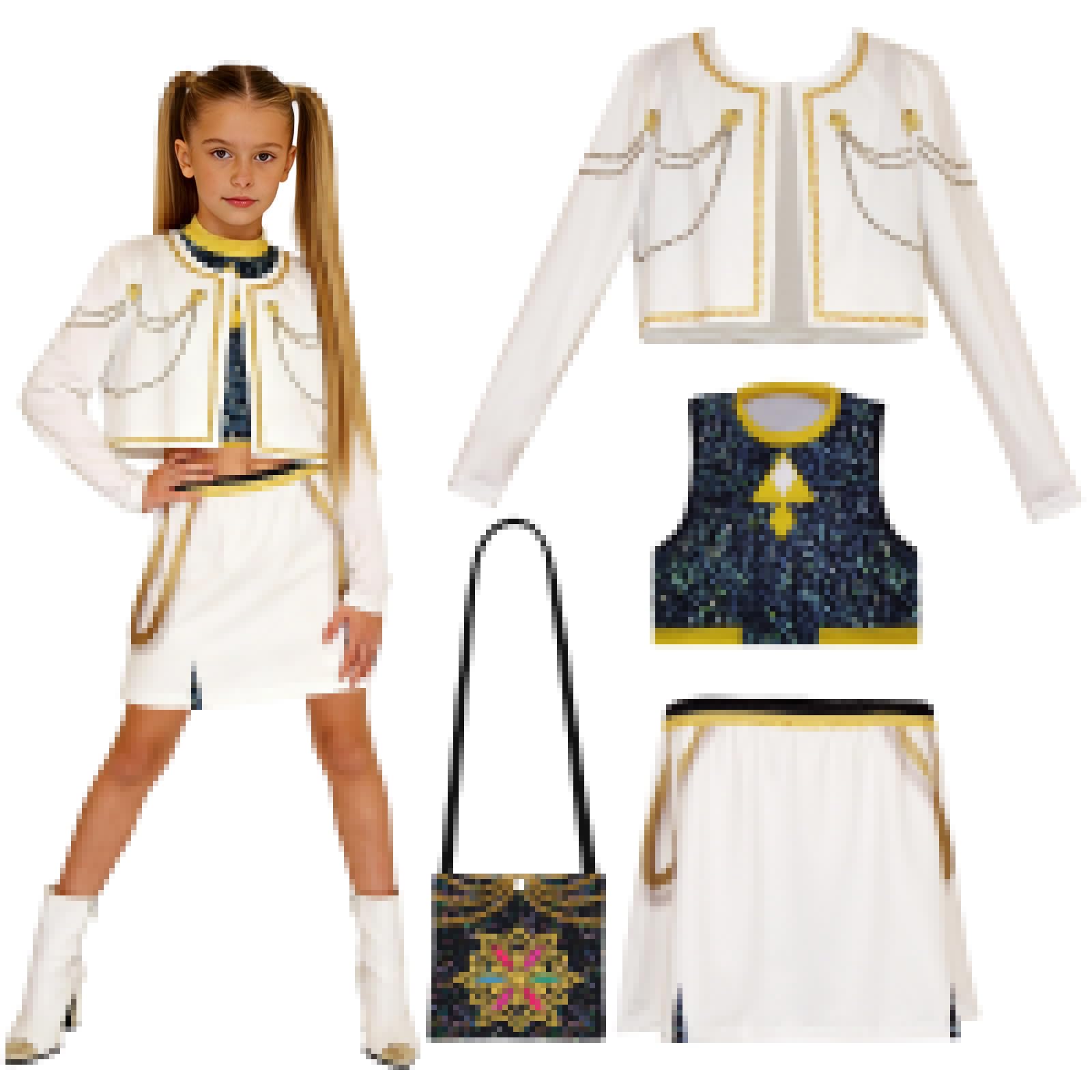 Kitimi 4Pcs KPop Costume Kids, Anime Cosplay Outfits for Girls with Top, Vest, Skirt, Crossbody Bag, Star Stage Role Clothes Pop Dance Singer Outfits for Halloween Carnival Party Dress Up