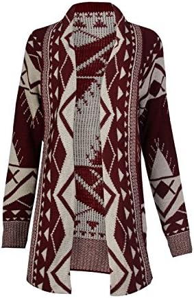 NAZ Fashion Womens Aztec Tribal Leopard and Heart Print Knitted Boyfriend Cardigan (Wine, M)