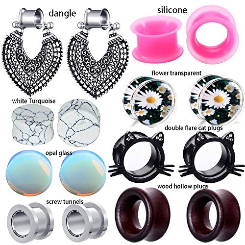 TIANCI FBYJS 8 Pairs Hot Woman Ear Gauges Dangle Tunnels Earrings Plugs Silicone Opal Stone Turquoise Wooden Gauges (8mm=0g)