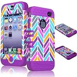 Bastex Hybrid Rocker Case for Apple iPhone 4, 4s - Purple Silicone with Pink, Gray, Blue, & Orange Neon Colors - Chevron Style Hard Shell