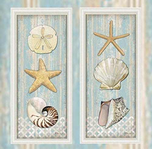 FRAMED SET Spa Shells (Starfish, Scallop, Conch) (Sand Dollar, Starfish Nautilus) Vertical I &amp; II by Paul Brent 20x8 Art Print Poster Wall Decor Cottage Seaside Beach Seashells Ocean