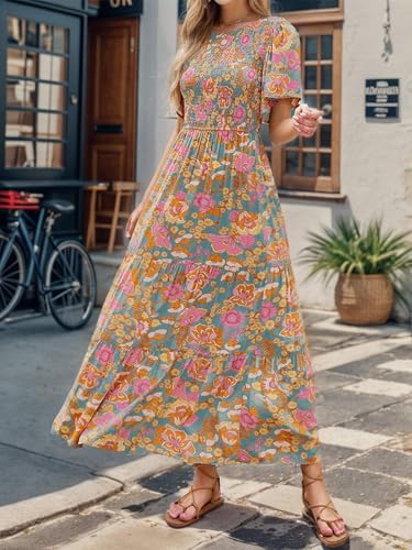 Am Direct Women's Boho Floral Maxi Dress Vacaton Style Flutter Sleeve High Waist Flowy Layel Hem A-Line Pastoralism Dress