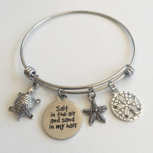 Beach Bracelet Salt in the Air and Sand in my Hair Sea Turtle Charm Bangle - Small-Med
