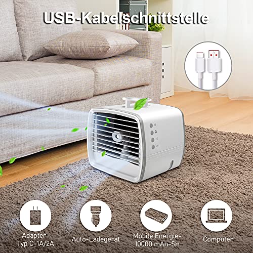 Air Cooler 4 In 1, Mini Klimagerät Mobil Leise 3 Geschwindigkeitsventilatoren, Luftbefeuchter, LED 7 Farben, Luftbefeuchter, Luftkühler können Wasser, Eis setzen, Klimagerät Mobil Wassertank USB