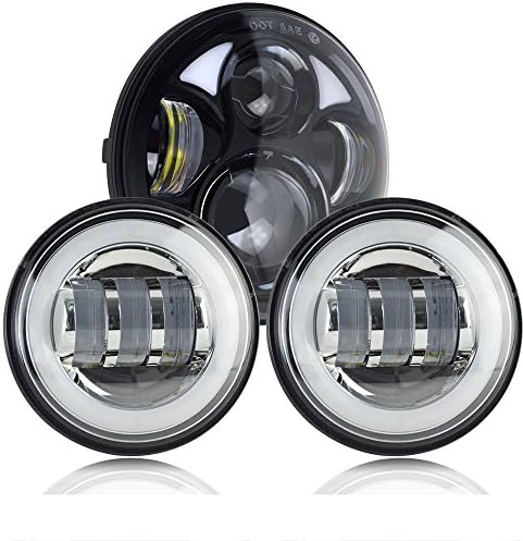 Aosi 5.75" Inch 40W CREE Round DRL Hi/Lo Beam LED Headlight (1PC)+ 4.5" Inch 30W Cree Harley White Angel Eyes Halo Ring DRL Led Fog Lights(2PC) Fit Harley Davidson Motorcycle