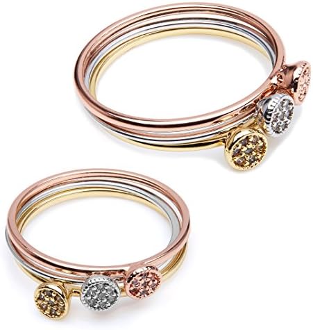 The Gemseller 18k Gold Plated and Swarovski Crystal Stacking Rings, Set of 3 (White Gold, Yellow Gold and Rose Gold) each with 3 Swarovski Crystals 2mm each - Size 7