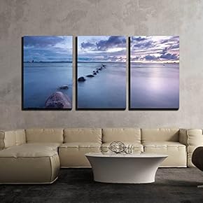 3 Piece Canvas Wall Art - Sea Sunset Photo - Modern Home Art Stretched and Framed Ready to Hang - 16"x24"x3 Panels