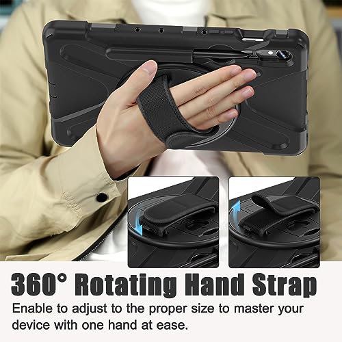 Gerutek Anti-Drop Case for Samsung Galaxy Tab S10 Lite 10.9 Inch/Tab S10 FE/Tab S9 FE/S9 11 inch (2025/2023), Rugged Case with Stand 360° Rotation, Hand/Shoulder Strap, Pencil Holder, Black