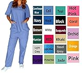 Womens V-Neck Solid Scrub Set Top and Pant 2 Piece Sets Sizes XS-5XL