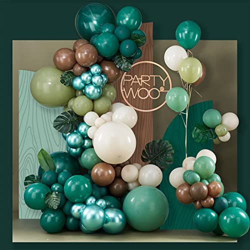 PartyWoo Green and Brown Balloon Arch Kit Garland 140 pcs Dark Sage Green Brown Sand White Boho Balloons Different Sizes of 18 12 10 5 Inch for Baby Shower Safari Birthday Party Decorations