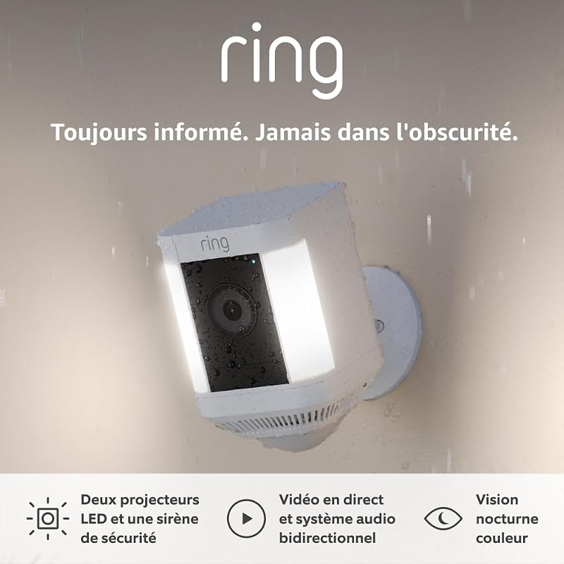 Caméra Spotlight Plus sans fil (Spotlight Cam Plus Battery)| Caméra surveillance extérieure wifi, vidéo HD 1080p, audio bidirectionnel, projecteurs LED | Essai Ring Home gratuit 30 j.