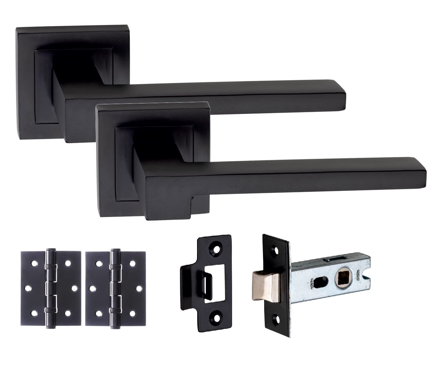 Golden Grace Matt Black Door Handle On Square Rose Zeta Design Lever Latch Handle Sets w Tubular Latch and Pair of 3" Ball Bearing Hinges Matte Black/Bathroom Set/Key Lock Set (1 Set)