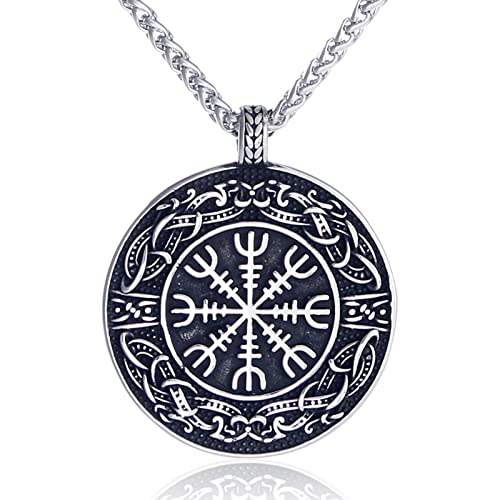 KOMI Stainless Steel Viking Necklaces for Men Nordic Viking Compass Runes Coin Pendant Necklace Viking Jewelry with Gift Packaging