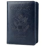 GDTK Leather Passport Holder Cover Case RFID Blocking Travel Wallet (Dark Blue)