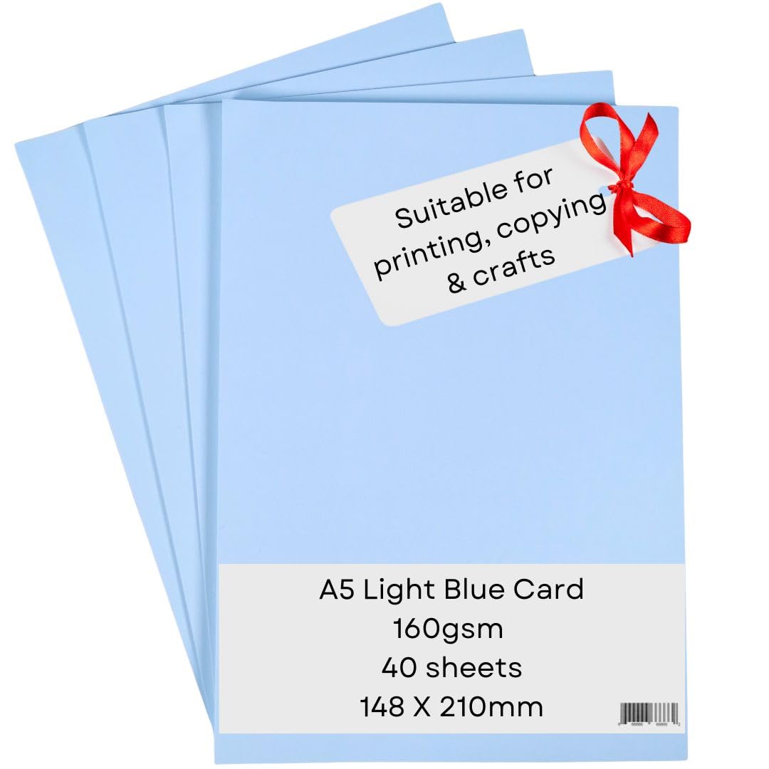 A5 Blue Card Paper Printer - 160gsm 40 Sheets - Coloured - Suitable for Craft, Printing, Copying, Photocopiers