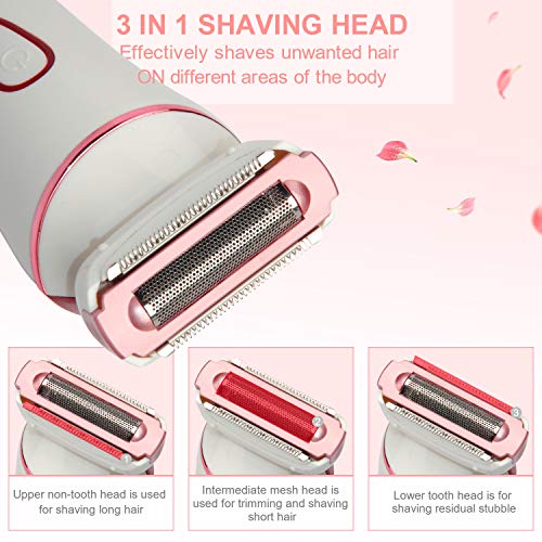 KUYANG 4 IN 1 Lady Electric Shaver Set, USB Rechargeable Epilator for Women with 3 Different Razor Head, 1 Facial Cleaning Brush, Waterproof Hair Removal for Women, Body, Leg, Bikini