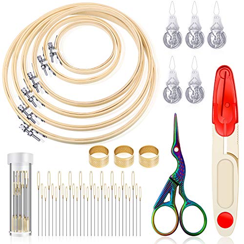 Cross Stitch Tool Embroidery Starter Kit Including 6 Pieces Bamboo Sewing Hoops, Retro Scissors, Thimbles, Cross Stitch Needle-Threading Tools and Embroidery Needles for Sewing Embroidery Supplies
