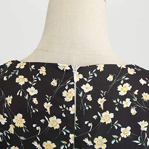 Gogoodgo Waistband Dresses for Women, Ladies Vintage V Neck Short Sleeve Dress 1950s Retro Printing Swing Dress Black