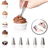 CAKE DECORATING TIPS - Icing Tips and FREE Cleaning Brush Set - 5 Large Popular Stainless Steel Icing Tips - Better size than XL - for easy cupcake decorating
