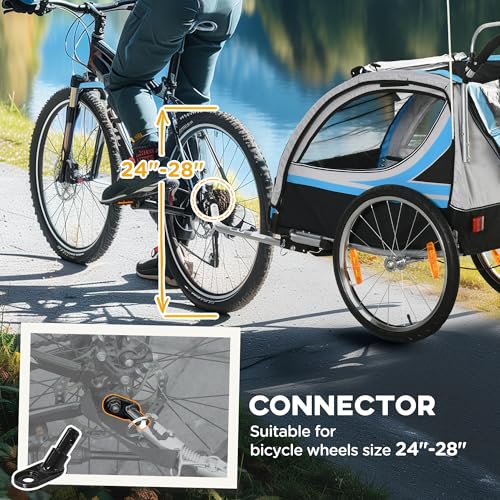 Aosom 2 Seat Bike Trailer for Kids 2-in-1 Double Baby Stroller with Handbrake, Rubber Wheels, 5 Point Harness, Waterproof Cover, Storage Bag, Reflectors