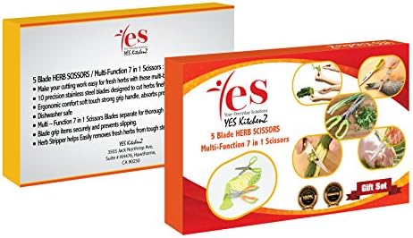 YES KitchenZ 7-in-1 Herb Scissors (4-Piece Set) - Multifunctional Food Kitchen Shears with 5 Stainless Steel Blades for Herbs, Vegetables, Garnishes - Incl. 2 Scissors, Herb Stripper &amp; Cutting Board
