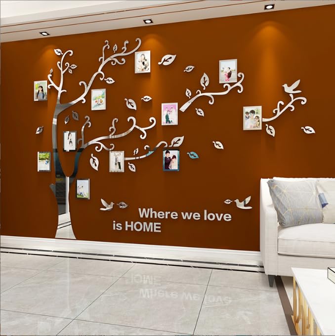 Purekay Large 3D Tree Sticker Wall Stickers, DIY Photo Frames Wall Stickers for Bedroom Living Room Office Sofa TV Kitchen Wall Decoration (Left Silver, XL)