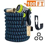 VILUAR Expandable 100ft Garden Hose Lightweight Expandable Water Hose, Durable Double Latex Core, Solid Brass Fittings, 8 function metal spray nozzle, 3 Extra Rubber Gaskets