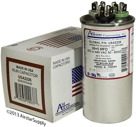 Daikin CAP050300440RSP Replacement - 30 + 5 uf / Mfd 370 / 440 VAC AmRad Round Dual Universal Capacitor , Made in the U.S.A.