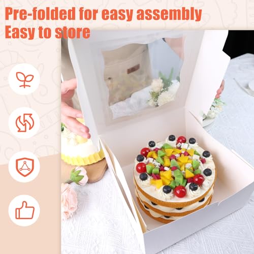 JOHOUSE 15PCS Cake Boxes, Bakery Box with Window 10 Inch White Treat Box with Board for Pastries Chocolates Cookies Birthday Party Wedding