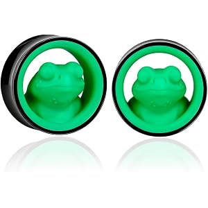Maxbott 2Pcs Frog Pattern Stainless Steel Ear Gauges, Double Flared Ear Tunnels Screw Back Ear Expanders, Hypoallergenic Stre