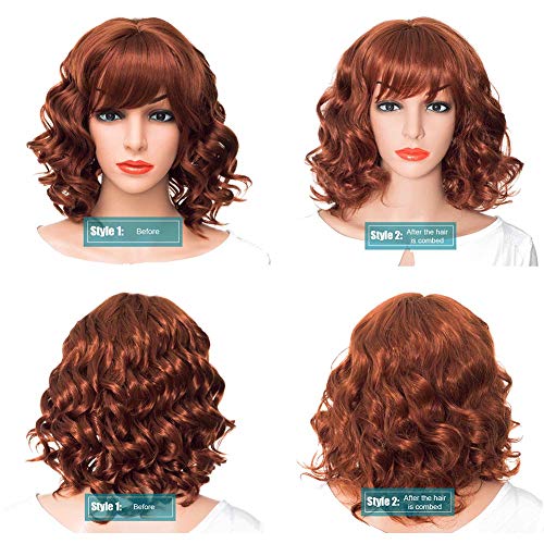 Summer 2 Style Short Hair Wigs For Women, Upgrade Of Fox Red Curly Synthetic Hair Wigs With Bangs (Red Brown) - Thumbnail 2