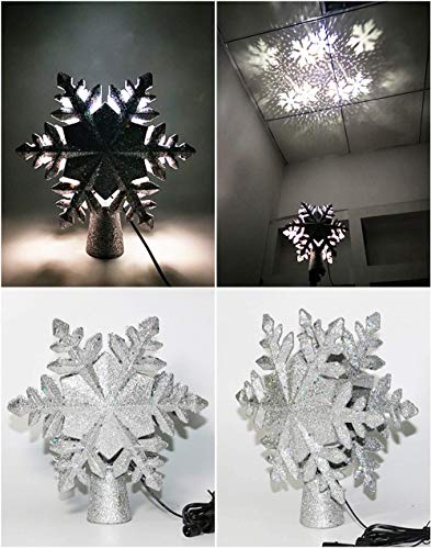 Charlemain Weihnachtsbaumspitze Silber mit Schneeflocken LED Projektor, Glitzer Christbaumspitze mit funkelnden dynamischen Schneeflockenmuster, Netzteilbetriebene Tannenbaumspitze Weihnachtsbaumdeko