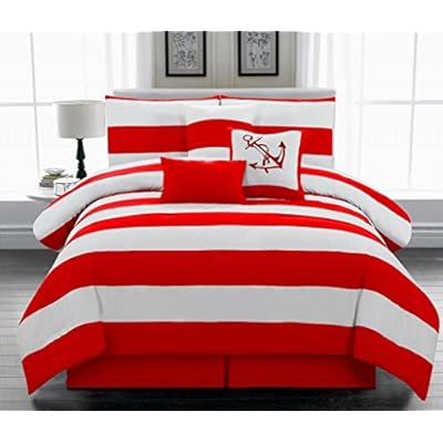Legacy Decor 7pc. Microfiber Nautical Themed Comforter Set, Red and White Striped King Size 51NLKGNNeaL