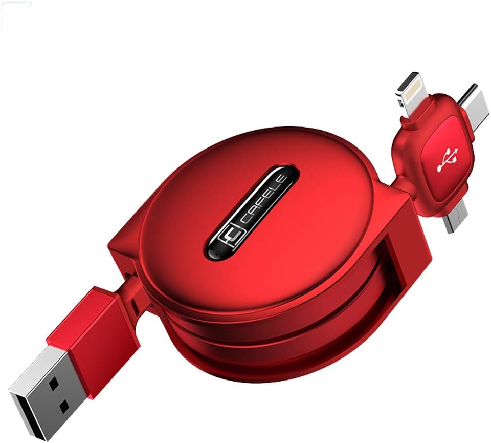 Cafele Multi Charging Cable, iP & Micro USB & Type-C 3in1 Retractable 3A Fast Charging Cable 4ft / 1.2m Data Cables (Red1)