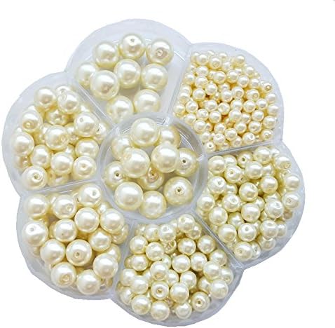 400+pcs Luster Glass Pearl Round Beads Assorted Sizes Lot / Jewelry Making Beads (Cream)