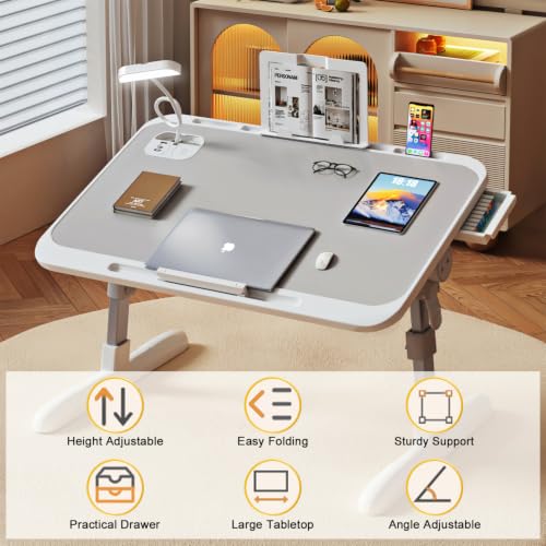 Cestbella Laptop Bed Desk, Adjustbale Height Lazy Laptop Desk with LED Light, Folding Computer Desk Portable Bed Table with Side Drawer Reading Stand USB Charging for Work Reading Dorm Study