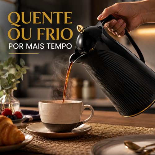 Garrafa Térmica Preta 1L Retrô com Ampola de Vidro Design Elegante Vintage para Café Chá Mesa Posta Luxo