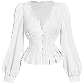 OYOANGLE Women's Lantern Long Sleeve V Neck Peplum Blouse Button Lace Trim Cinched Waist Dressy Top