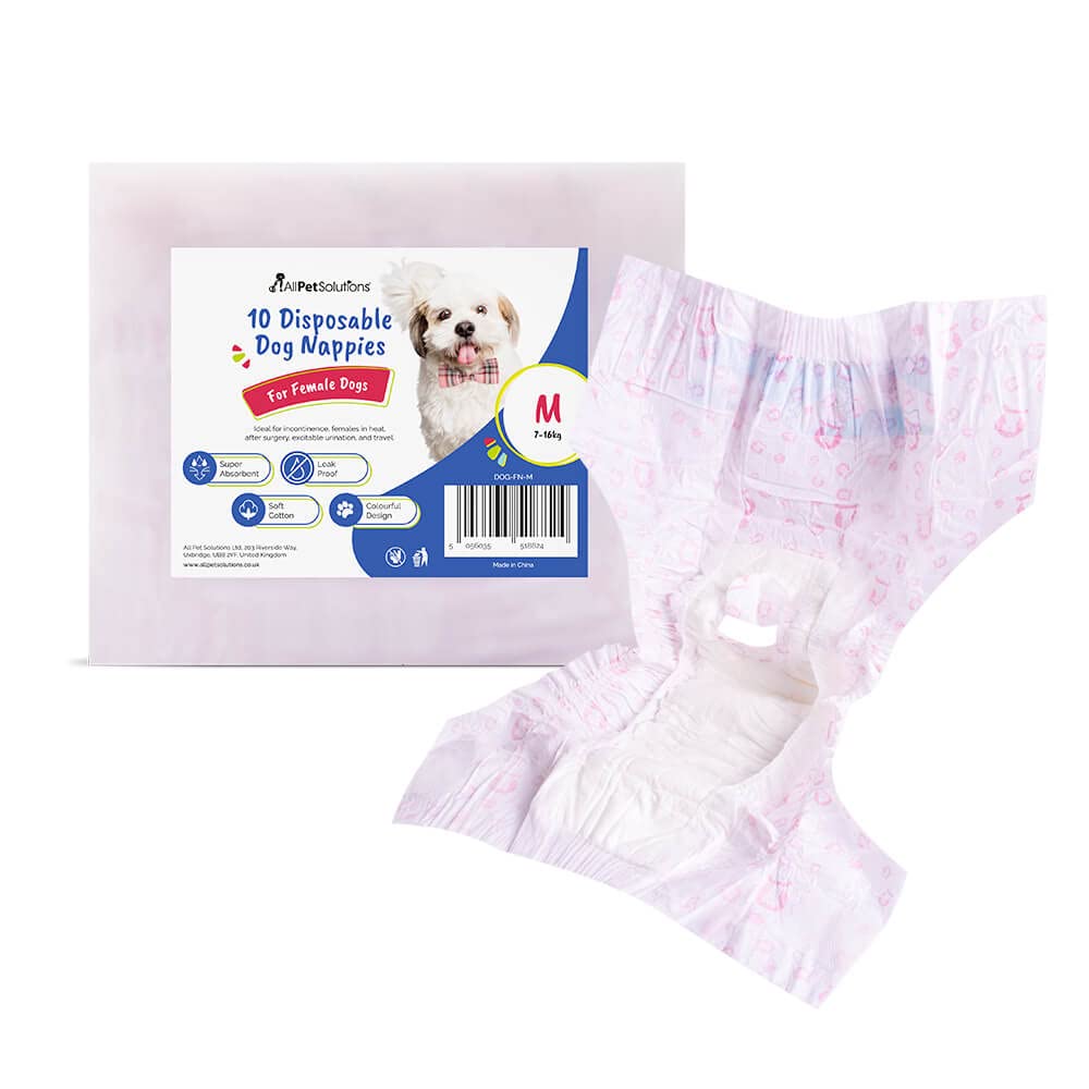AllPetSolutions Disposable Female Dog Nappies - Easy to Wear & Soft Pet Diapers for Dogs in Heat, Incontinence - Super Absorbent, No Leaks - Pet Supplies for Travel - 10-Pack, Size: 7-16kg Pets, M
